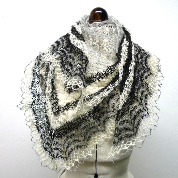 Icelandic Spring Shawl: Love Story yarn in Natural grey, Natural Black and White
